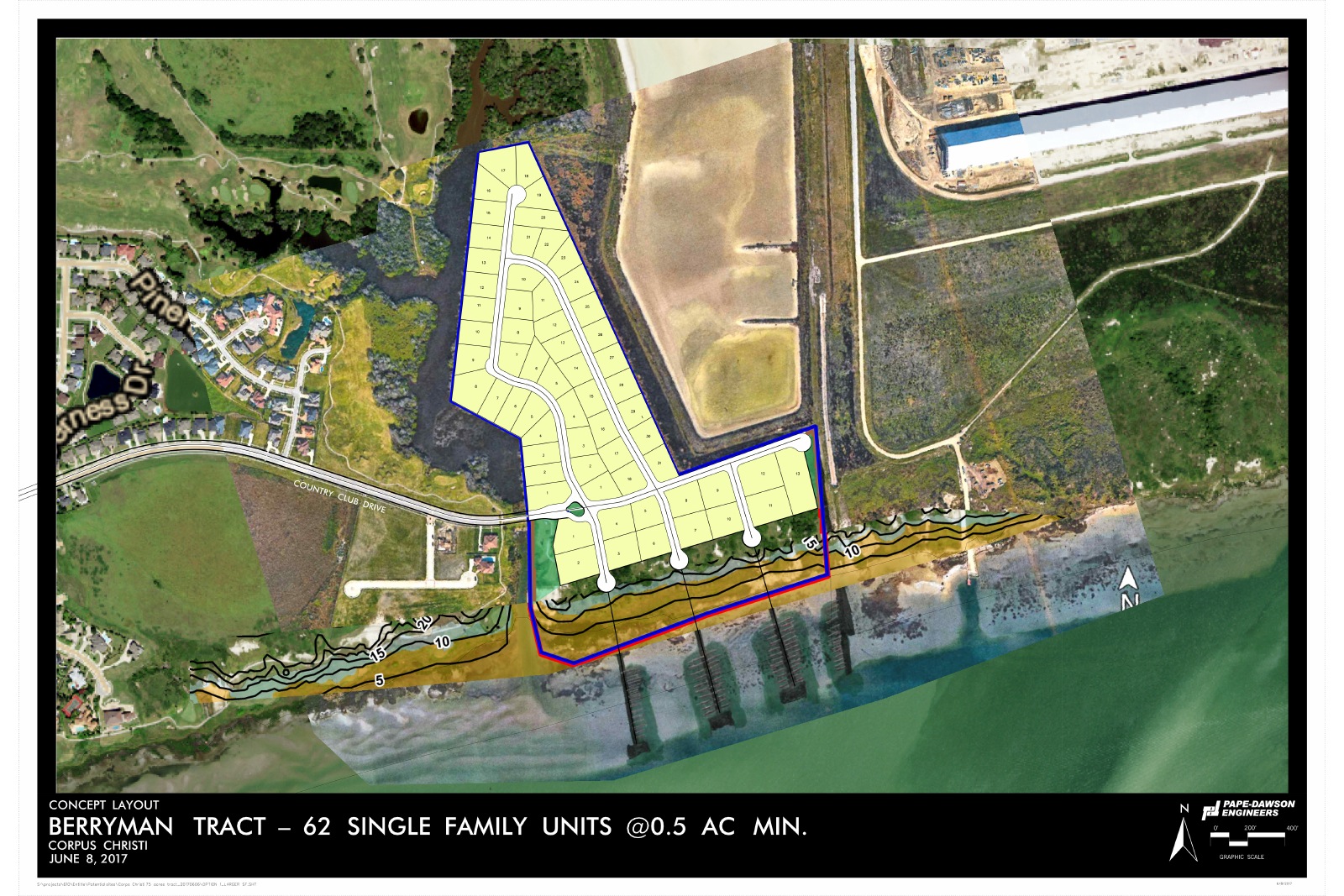 Historical concept drawing labeled 62 single family units at 0.5 acre minimum